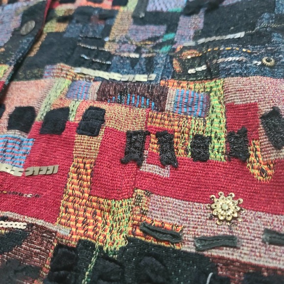 Chicos Jacket Tapestry Embellished Red Black Orange 2 Large Art to Wear Pockets - Picture 10 of 13